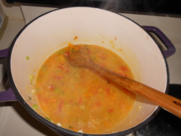 Saute until vegetables are soft before adding lentils.